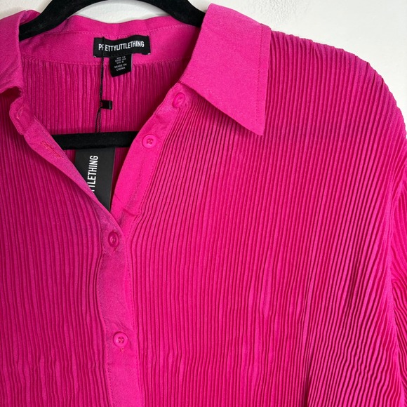 PRETTYLITTLETHING Hot Pink Plisse Button Front Oversized Shirt Top UK 12 US 8 - Picture 2 of 6